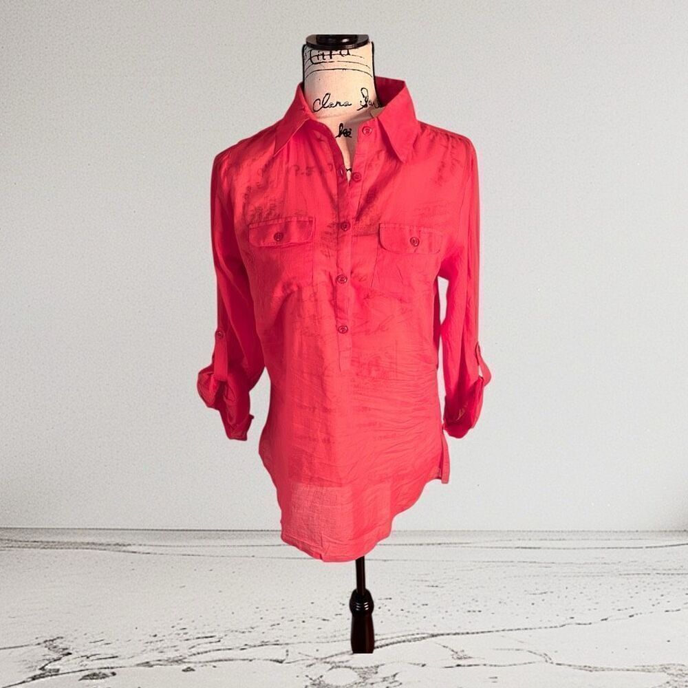 Cotton Daisy Medium Coral Button-Front Tunic Blouse NWT